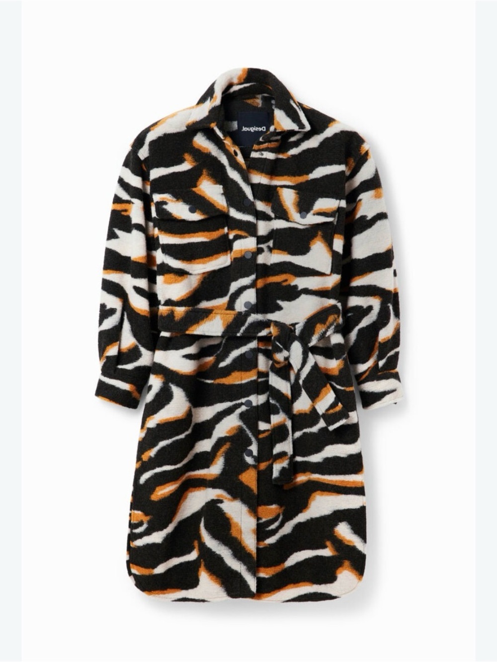 Desigual NEW Black, White & Orange Zebra-Print Teddy Coat with Belt